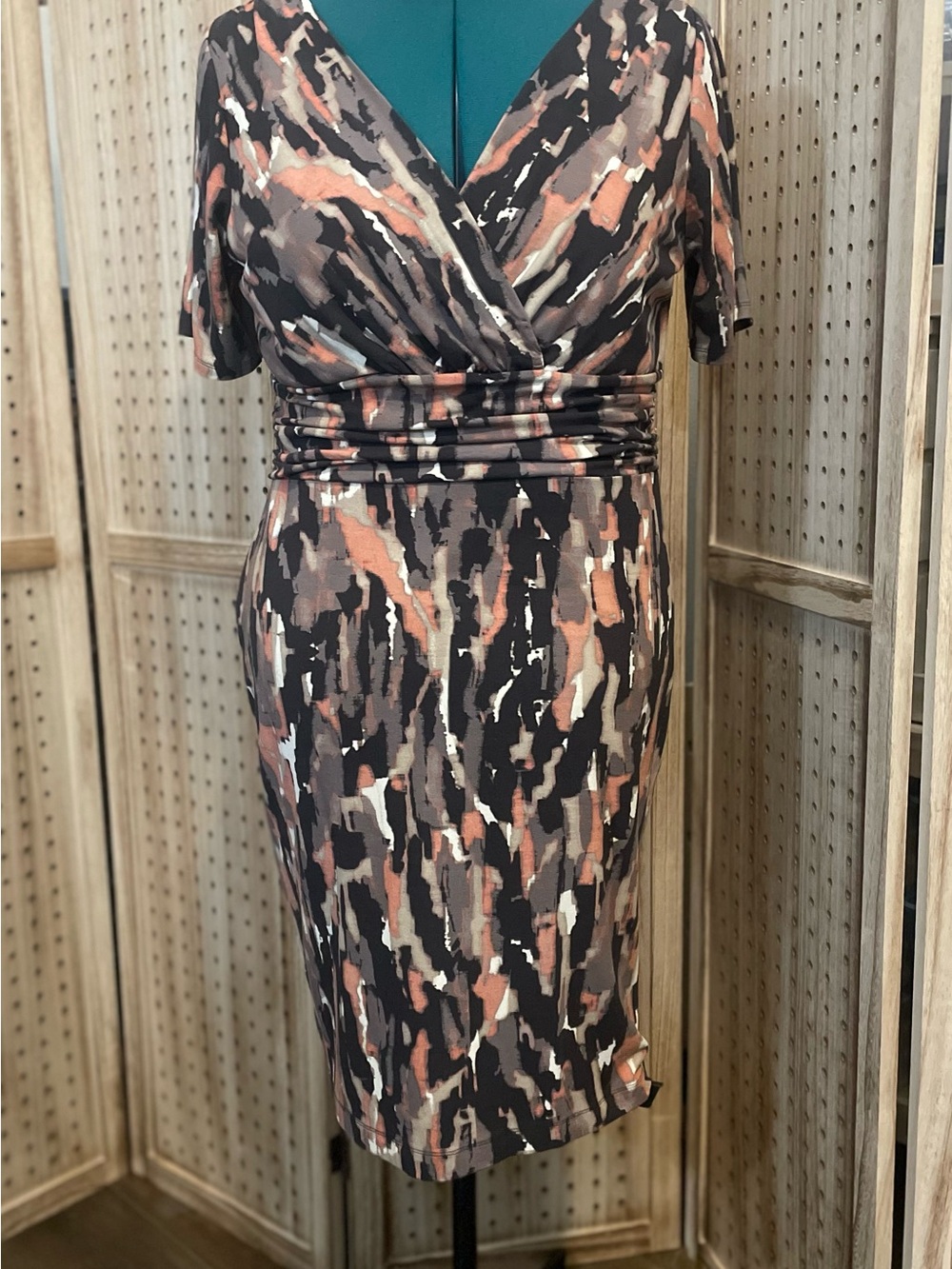 Ann Taylor Black and Coral Abstract Surplice Midi Dress